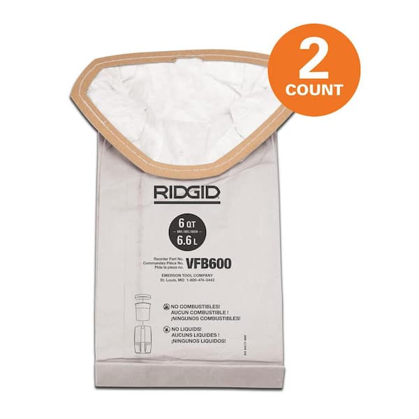 Genuine VFB600 Open Top Dry Pick-up Only General Debris Filter Bags for RIDGID 6 Qt. NXT Backpack Vacuum HDB600 (2-Pack)