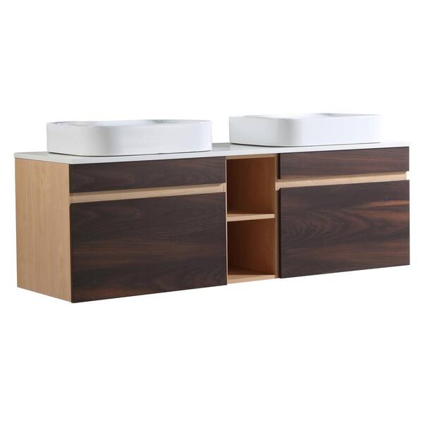 VANITYFUS 60 in. W x 22 in. D x 20 in. H Bath Vanity in Teak Brown, with White Engineered Stone Top, Double Ceramic Sinks