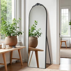 21 in. W x 64 in. H Modern Arched Shape Removable Carved Flower Metal Framed Black Standing Mirror Full Length