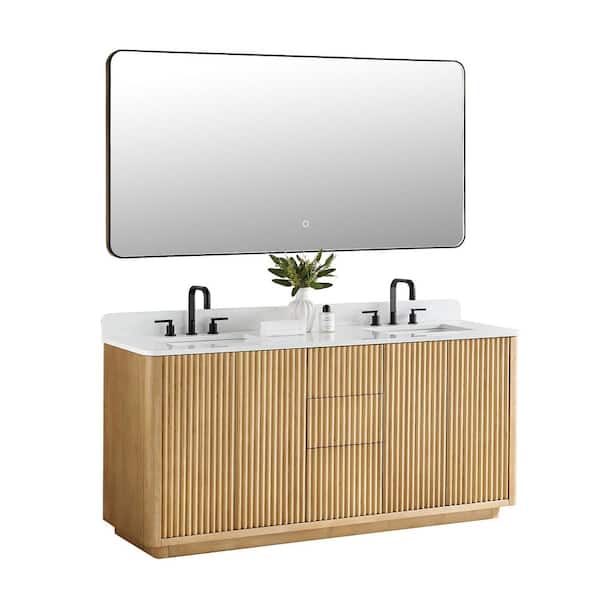 Clayton 72 in. Double Freestanding Washed Light Brown Bath Vanity with Grain White Engineered Stone Top Assembled Mirror