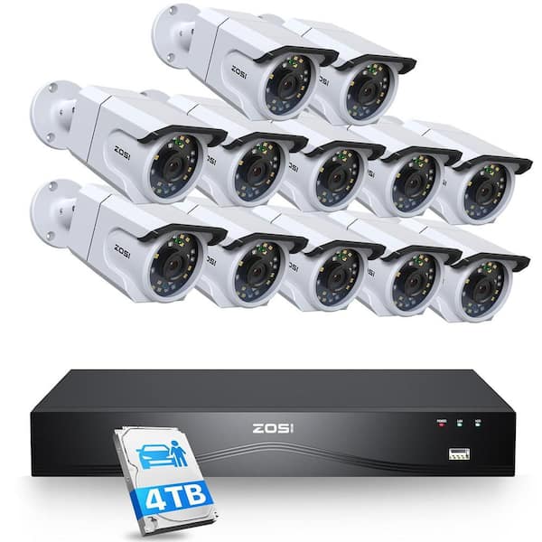 4K 8MP 16-Channel 4TB POE NVR Security Camera System with 12 Wired Outdoor Bullet Cameras, 32CH Expandable, White