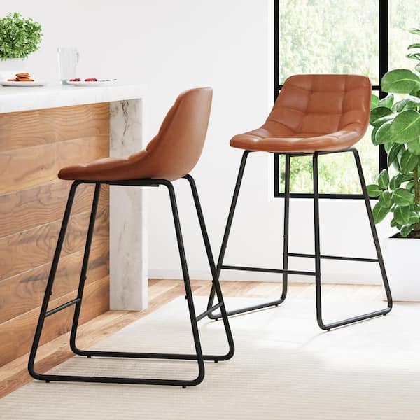 LUE BONA 33.07 in. Red Brown Mid Century Modern Low Back Metal Frame Faux Leather Counter Stools (Set of 2)