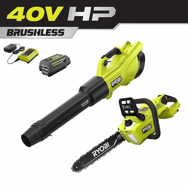 RYOBI 40V HP Brushless Whisper Series 155 MPH 600 CFM Cordless Blower & 14 in. Chainsaw w/ 4.0 Ah Battery & Charger