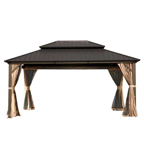 domi outdoor living 10 ft. x 14 ft. Aluminum Hardtop Gazebo with Galvanized Steel Double Roof Netting Curtains