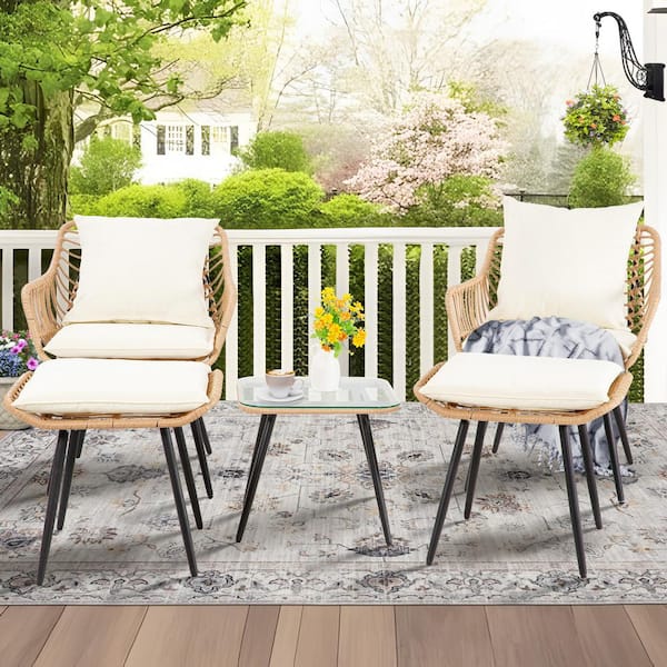 JUSKYS Natural 5 Piece Wicker Outdoor Bistro Set with Beige Cushions, Ottomans, Chairs for Porch, Balcony, Deck, Backyard, Apt.