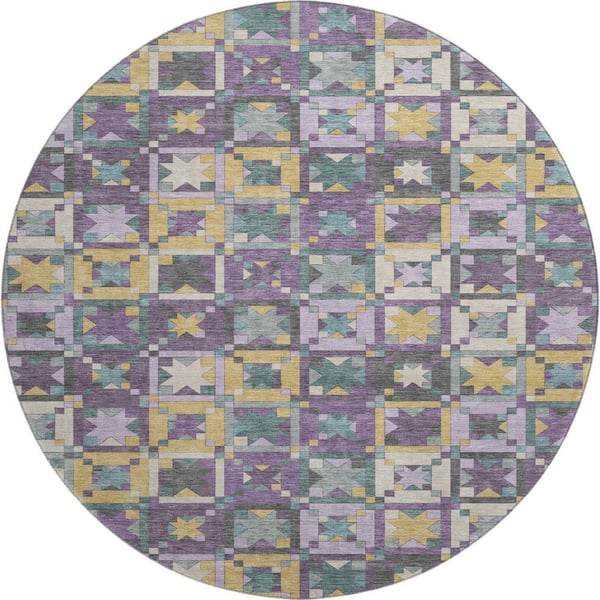 Mayfield Premium Machine Washable Abstract AMF2553 Purple 8 ft. x 8 ft. Round Rug