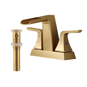4 in. Centerset 2-Handle Waterfall Spout Mid Arc Lavatory Bathroom Faucet with Pop-Up Drain Kit in Brushed Gold