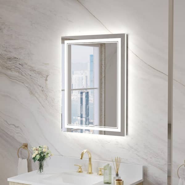 NURAPRO 24 in. W x 32 in. H Rectangular Frameless Wall Mount 3 Colors Dimmable Anti-Fog LED Bathroom Vanity Mirror