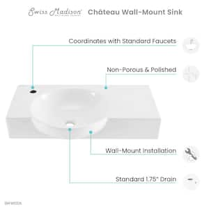 Chateau 29.31 in. Left Side Faucet Wall-Mount Ceramic Rectangular Bathroom Vessel Sink in Glossy White