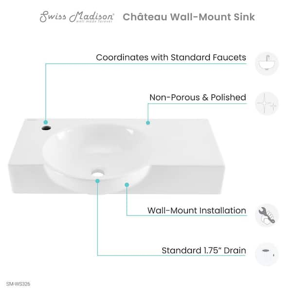 Chateau 29.31 in. Left Side Faucet Wall-Mount Ceramic Rectangular Bathroom Vessel Sink in Glossy White