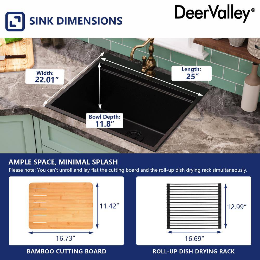 25" Black Quartz Composite Drop-In Single Bowl Kitchen Sink with Accessories