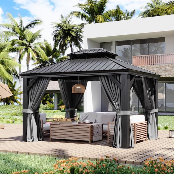 10 ft. x 12 ft. Hardtop Gazebo with Double Roof, Netting and Drainage, Gray Aluminum Outdoor Pavilion