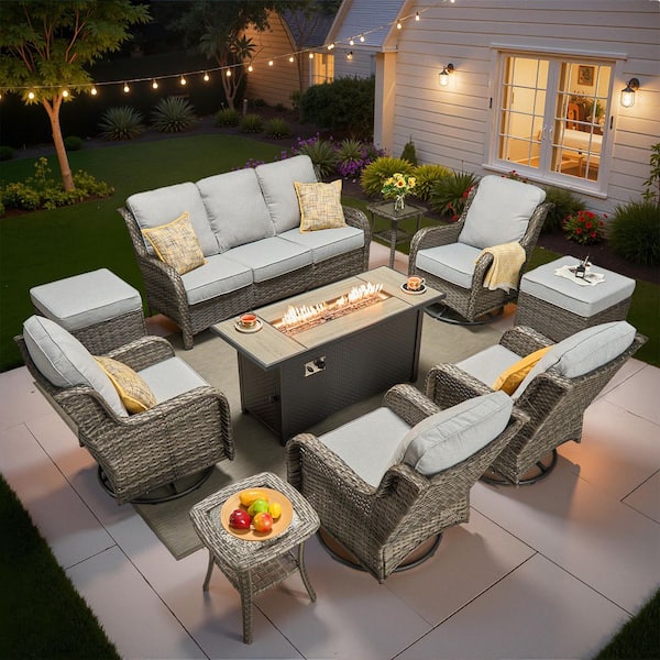 OVIOS Joyoung Brown 10-Piece Wicker Patio 54 in. Rectangle Fire