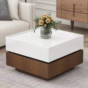 2-Tier Multi-functional White and Brown Square Swivel Coffee Table with 2 Drawers, Storage for Living Room