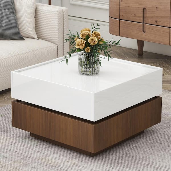 Zeus & Ruta 2-Tier Multi-functional White and Brown Square Swivel Coffee Table with 2 Drawers, Storage for Living Room