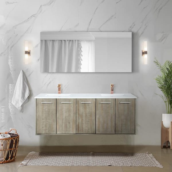 Lexora Fairbanks 60 in W x 20 in D Rustic Acacia Double Bath Vanity, White Quartz Top and Rose Gold Faucet Set