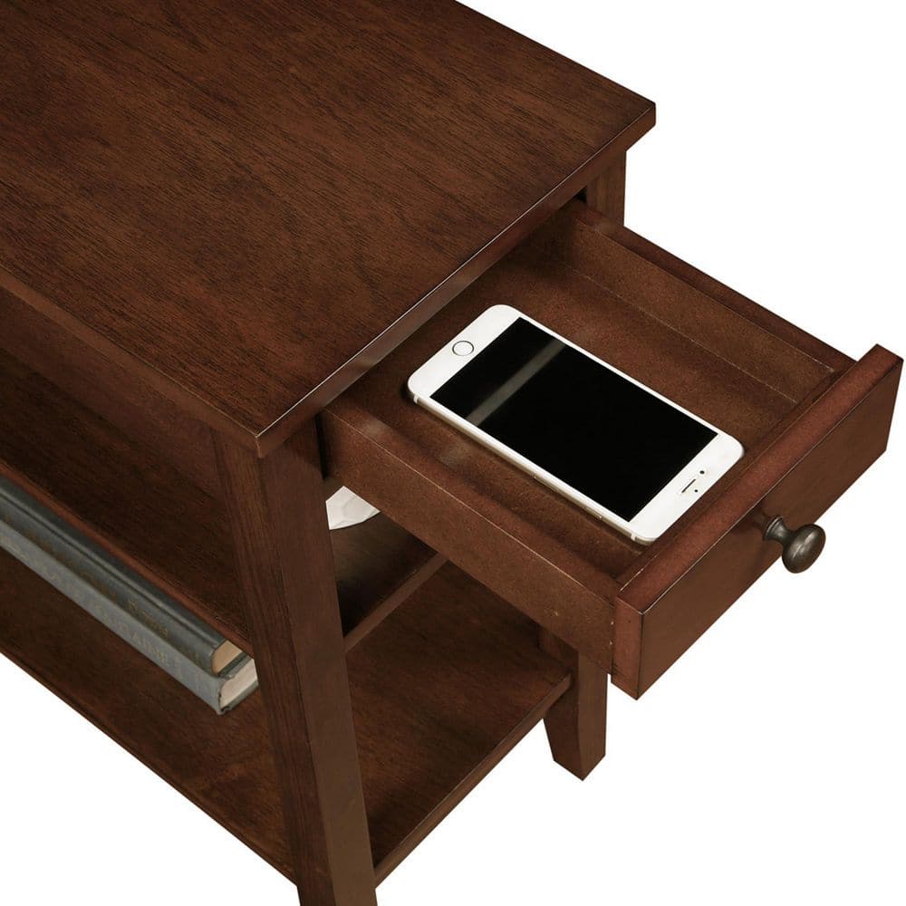 Espresso Wood and Metal End Table with Charging Station and Storage