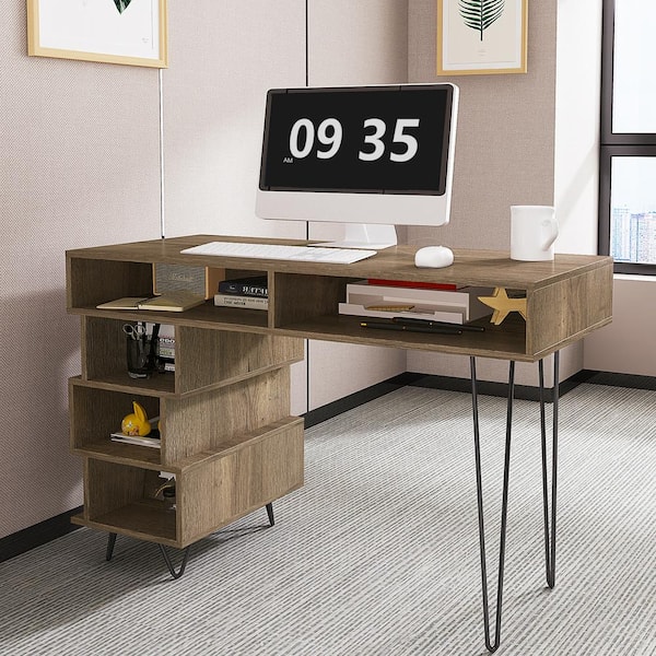 Aoibox 43 in. Rectangular Brown Wood Computer Desk with 5 Open Lattices and V-Shaped Iron Leg