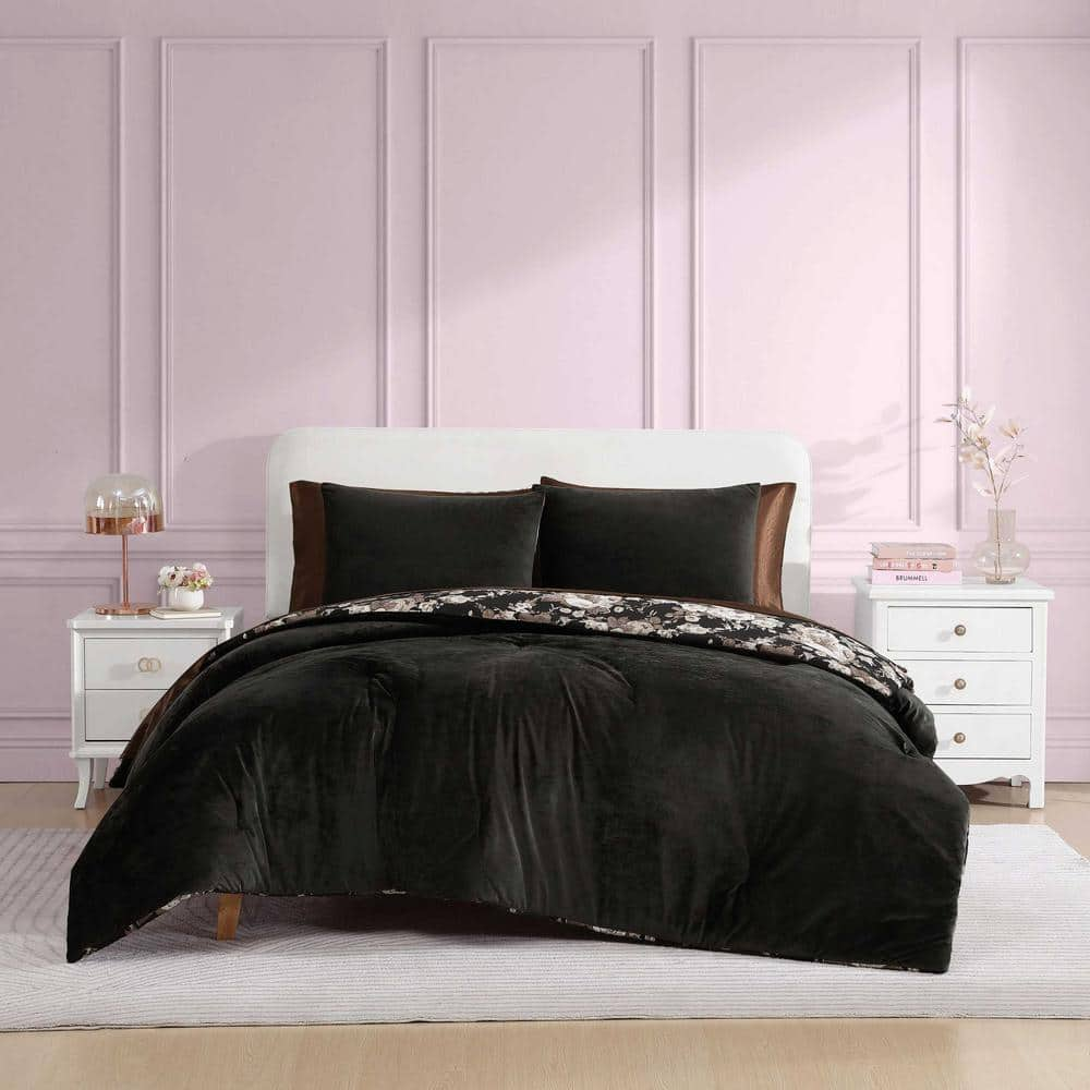 BETSEY JOHNSON Velvet Solid 3-Piece Black Velvet Full/Queen Duvet Cover Set