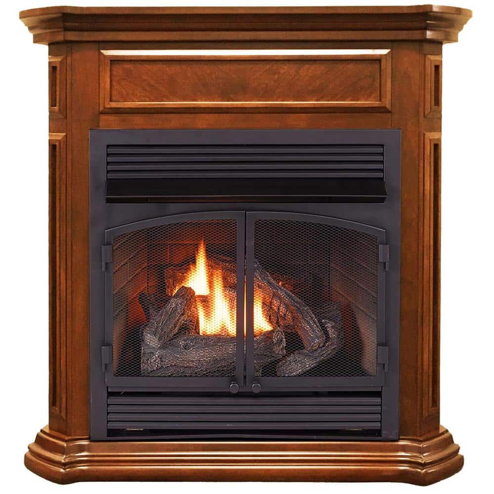 Dual Fuel Ventless Gas Fireplace with Mantel - 32,000 BTU, T-Stat Control, 