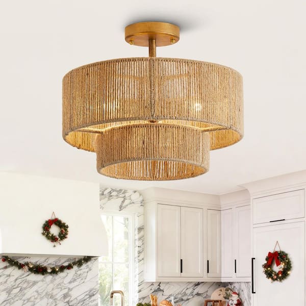Flint Garden 15.4 in. 3-Light Bohemian Antique Gold Two-Tier Drum Semi- Flush Mount with Natural Jute Rope Shade