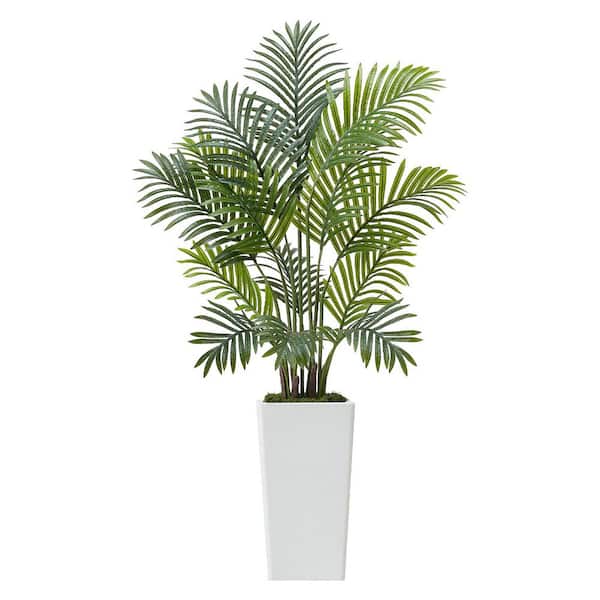 4 ft. Artificial Areca Palm Tree in Pot, 2-Pack Faux Tropical Plants w/ White Planter for Indoor/Outdoor Home or Office