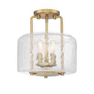 Avalon 11.38 in. W x 12.25 in. H 3-Light Warm Brass Semi-Flush Mount with Clear Crackled Glass Drum Shade