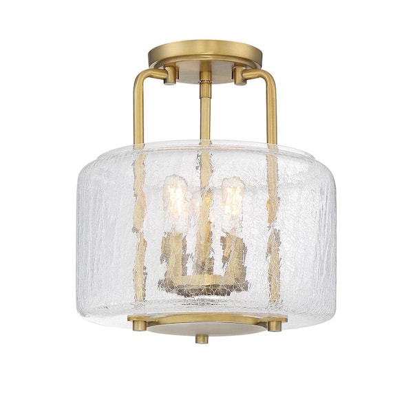 Savoy House Avalon 11.38 in. W x 12.25 in. H 3-Light Warm Brass Semi-Flush Mount with Clear Crackled Glass Drum Shade