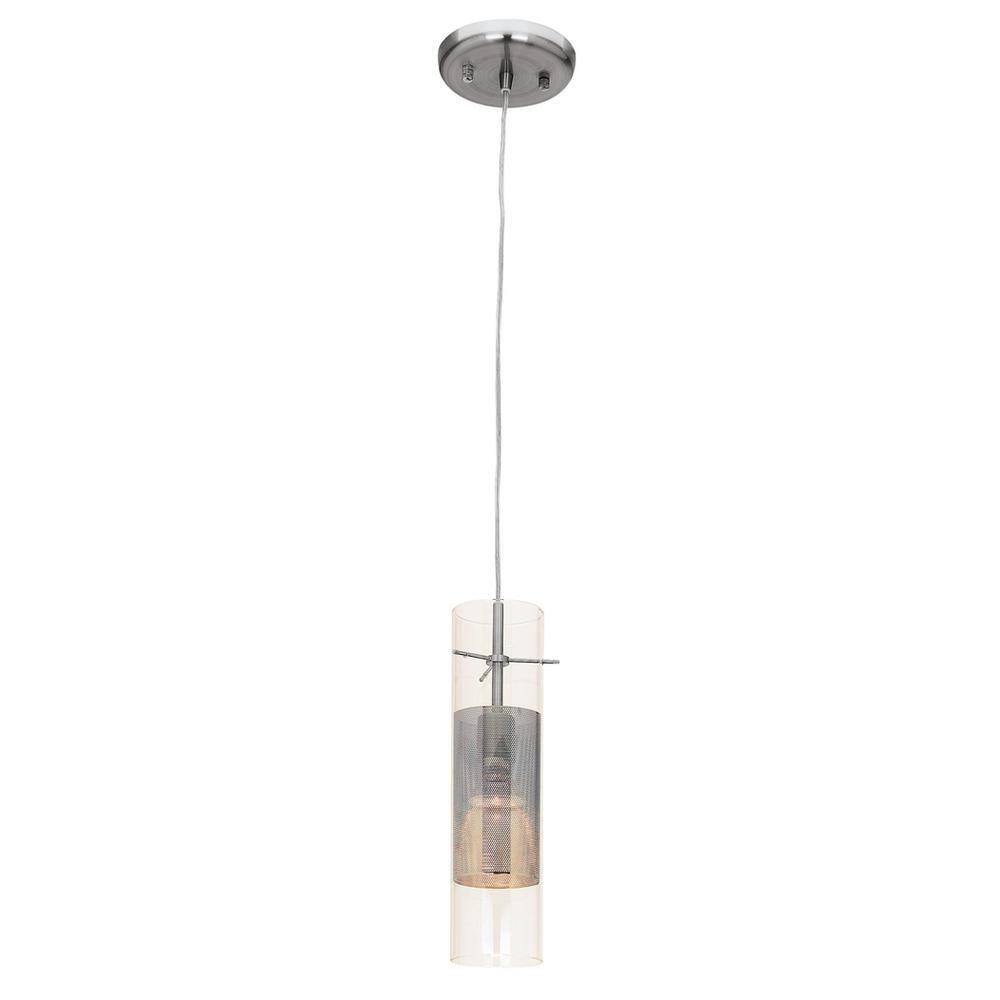 Spartan 1-Light Brushed Steel Pendant with Metal Mesh in Clear Glass Glass 