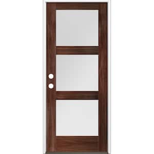 36 in. x 80 in. Modern Douglas Fir 3-Lite Right-Hand/Inswing Frosted Glass Red Mahogany Stain Wood Prehung Front Door
