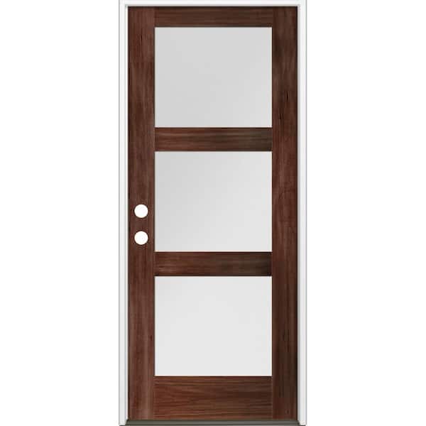 Krosswood Doors 36 in. x 80 in. Modern Hemlock 3-Lite Right-Hand/Inswing Frosted Glass Red Mahogany Stain Wood Prehung Front Door