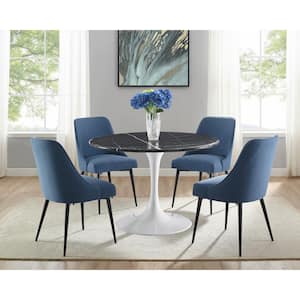 Colfax 45 in. Round Black Marble Table with White Base and 4 Navy Upholstered Chairs