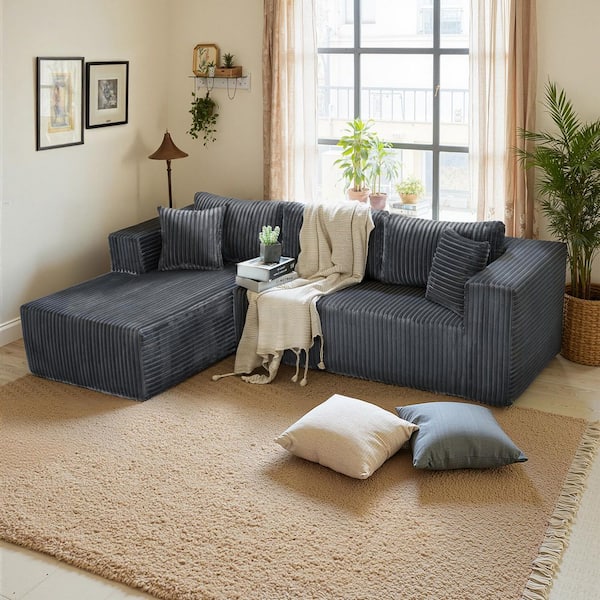 105.11 in. Wide Square Arm 2-Piece Modern Corduroy Fabric L-Shape Modular Sectional Sofa in Gray with Chaise