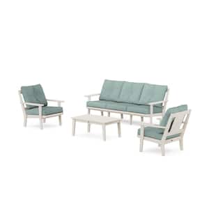 Prairie 4-Pcs Plastic Patio Conversation Set with Sofa in Sand/Glacier Spa Cushions