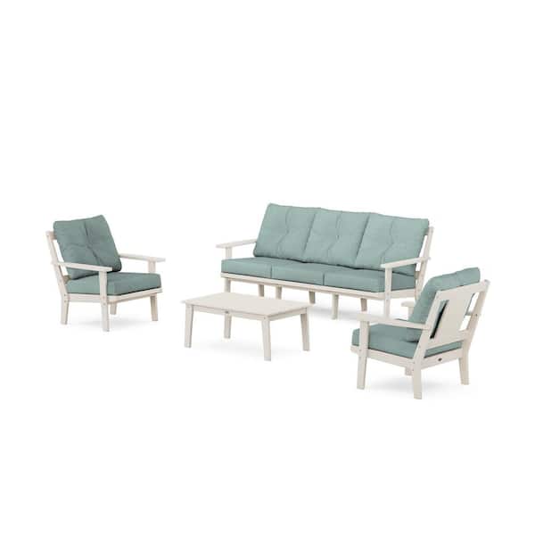 POLYWOOD Prairie 4-Pcs Plastic Patio Conversation Set with Sofa in Sand/Glacier Spa Cushions