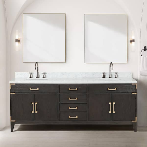 Fossa 84 in W x 22 in D Brown Oak Double Bath Vanity, Carrara Marble Top, Faucet Set, and 36 in Mirrors