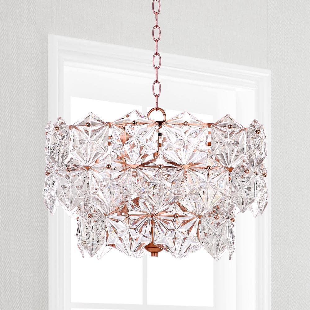 Contemporary Two-Tier Crystal and Copper Drum Pendant Light