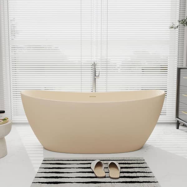 65 in. x 33 in. Solid Surface Freestanding Soaking Bathtub with Center Drain in Milk-coffee