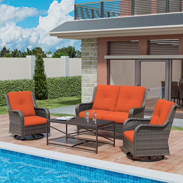 MeetLeisure 4-Piece Wicker Patio Conversation Set Loveseat Sofa Coffee Table with Orange Cushion