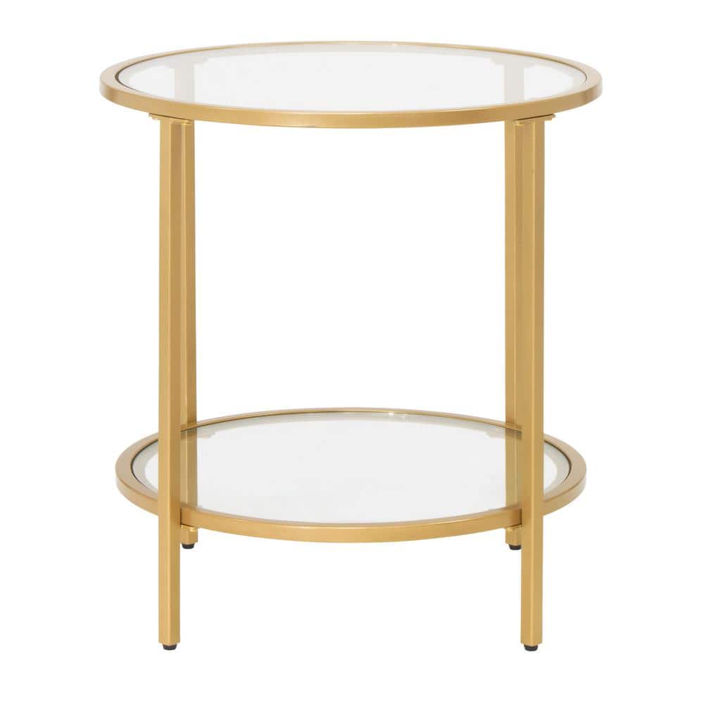 Gold Round Metal and Glass End Table with Dual Shelves