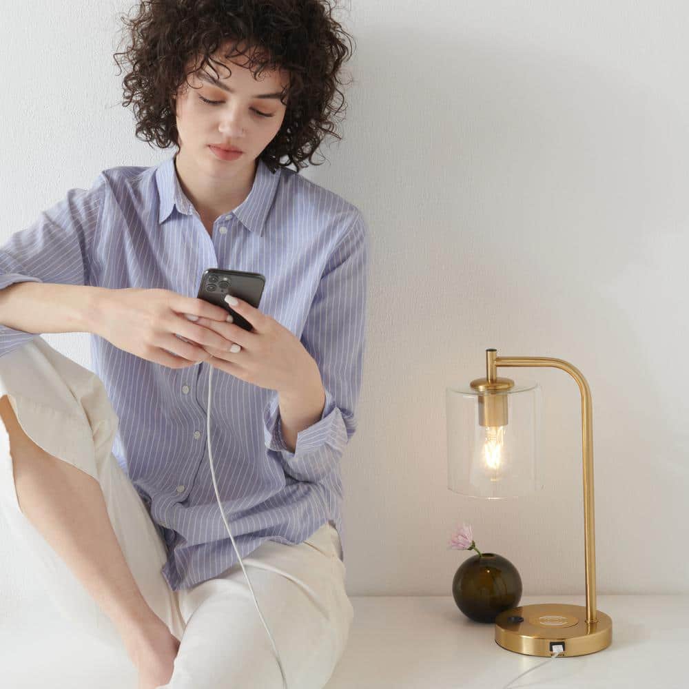 Elizabeth Brass and Glass 16" Desk Lamp with USB and Wireless Charging