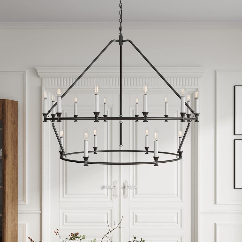 Farmhouse Black 18-Light 2-Tier Iron Candle Chandelier