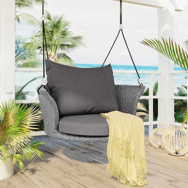 Harper & Bright Designs 1-Person Gray Wicker Porch Swing with Light Gray Cushions and Adjustable Height No Installation Required