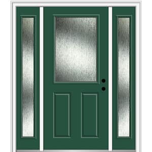 64 in. x 80 in. Left-Hand Inswing Rain Glass Hunter Green Fiberglass Prehung Front Door on 4-9/16 in. Frame