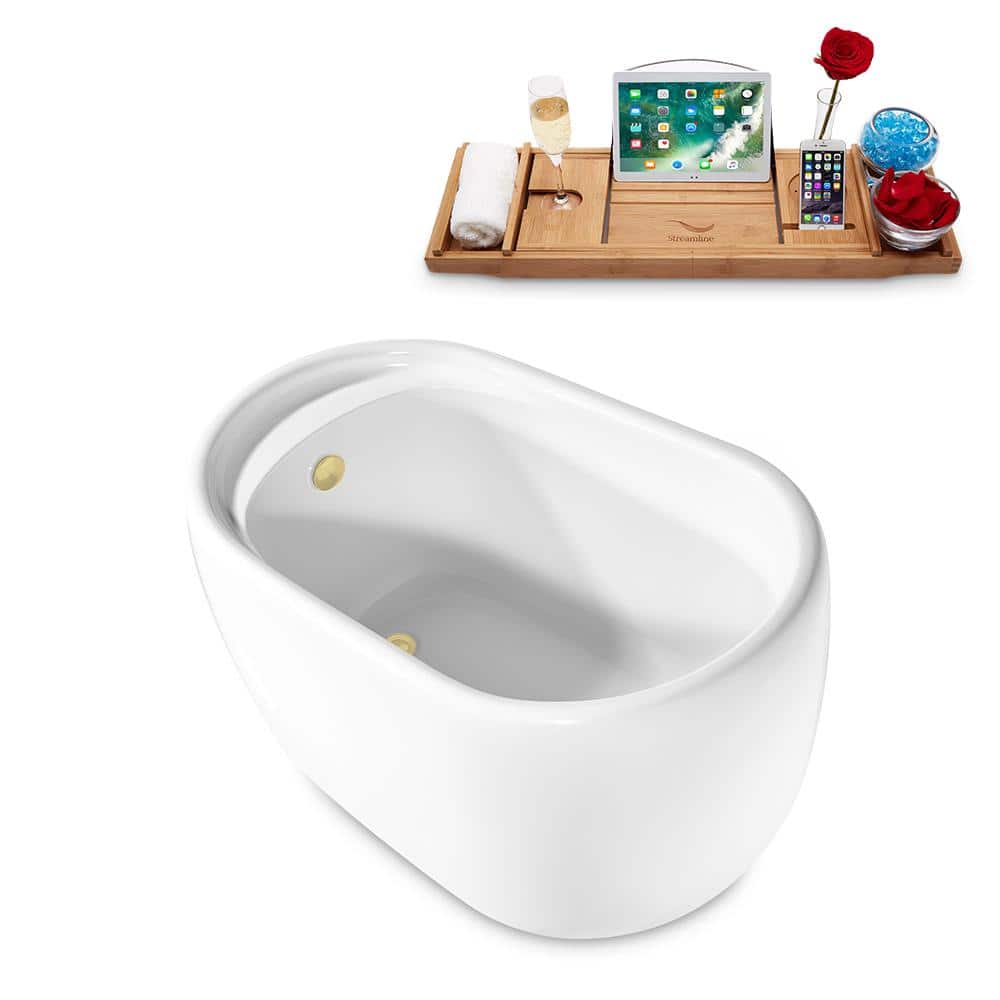 51" Glossy White Acrylic Freestanding Soaking Bathtub with Bamboo Tray