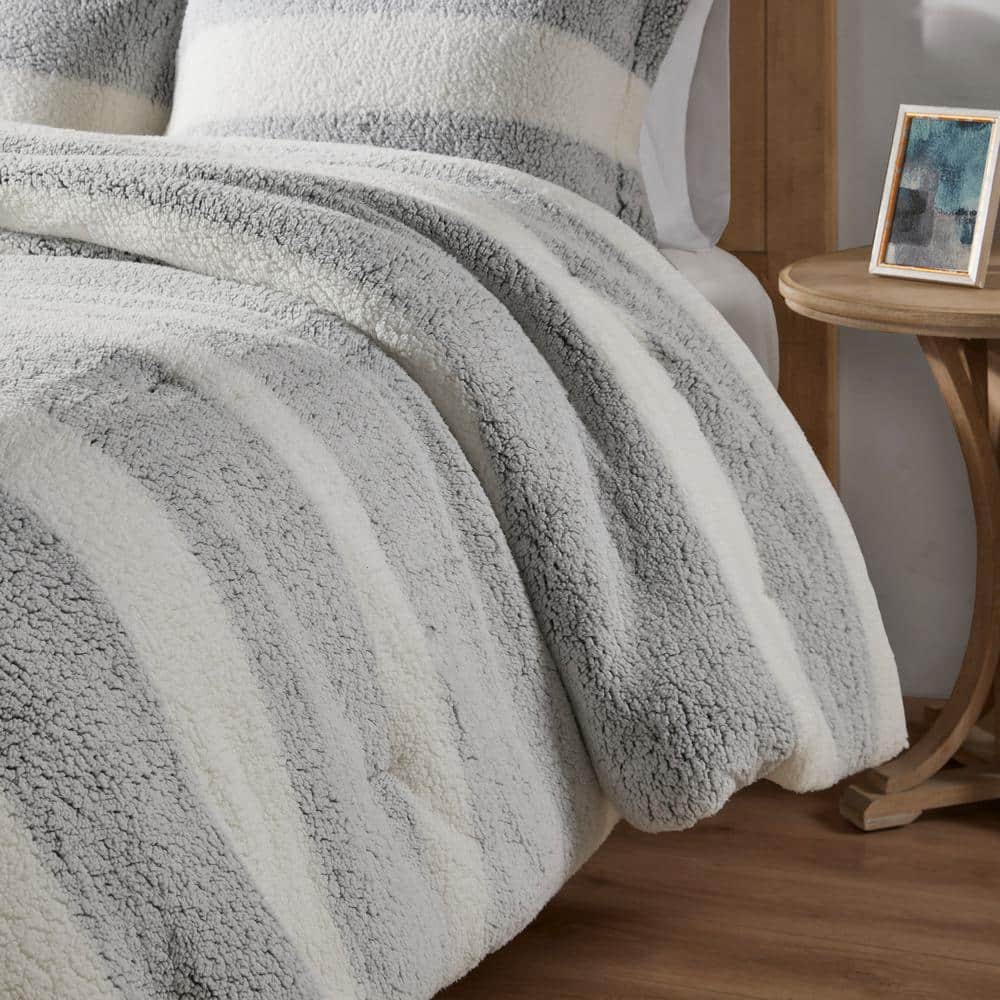 Ivory and Gray Twin Reversible Sherpa Comforter Set