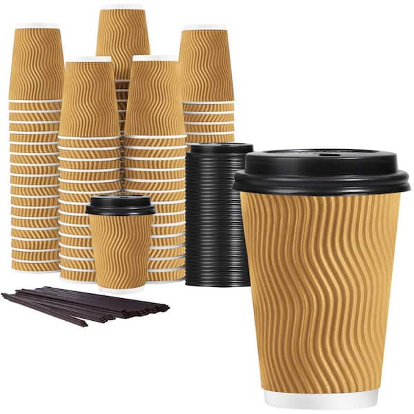 16 in. Champagne Disposable Paper Coffee Cups Corrugated Ripple Wall Hot Drink Tableware 50 Pack Per Case
