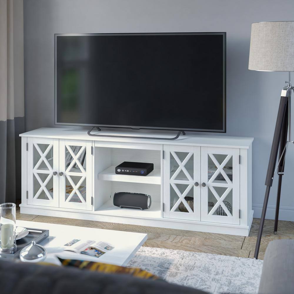 White Farmhouse TV Stand with Cabinets for 80" TVs