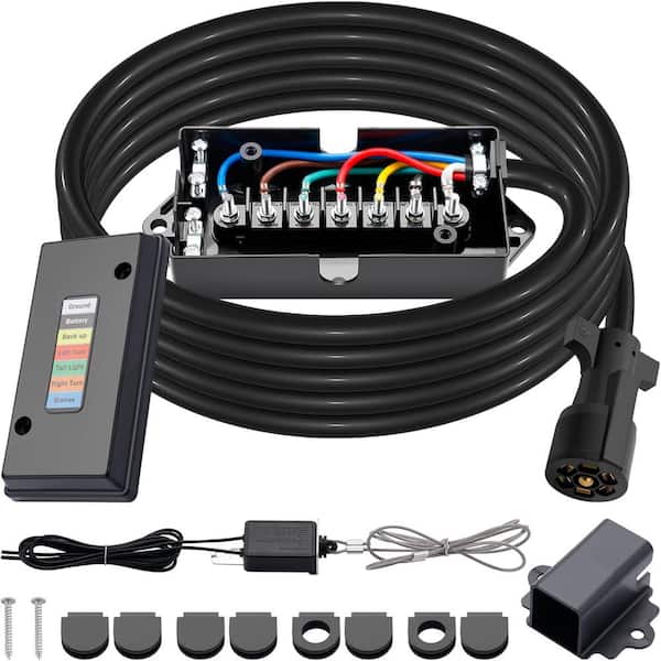 Trailer Wiring Harness 7-Way Trailer Cord and 7-Gang Junction Box Kit with Breakaway Switch and Plug Holder in Black