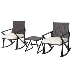 3-Piece Rattan Wicker Patio Conversation Set Rocking Chairs Table Bistro Set Cushioned Rocker Garden